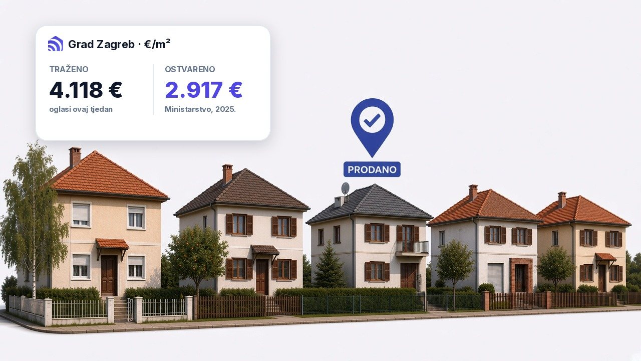 Ulica s obiteljskim kućama u Zagrebu, jedna označena kao prodana, uz karticu Kvadradara: Grad Zagreb, traženo 4.118 €/m² u oglasima ovaj tjedan i ostvareno 2.917 €/m² prema Ministarstvu za 2025.